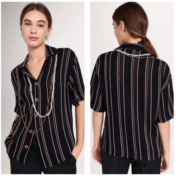 Christopher Esber Nwt Us 2/4 Black Short Sleeve Crystal Garland Button Down Top